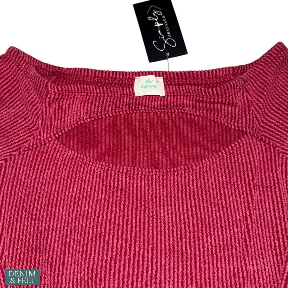 NEW Blue Buttercup Boutique Red Ribbed Cutout Long Sleeve Top Soft Stretch Chic - Picture 3 of 6